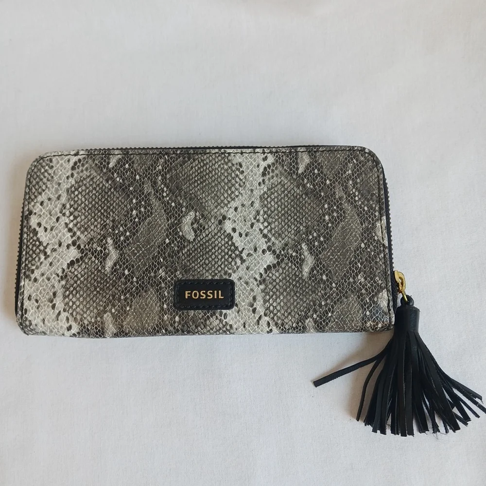 Fossil Zip Around Wallet Faux Leather Python Taupe Gray